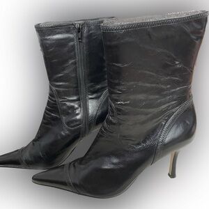 Black leather mid calf heeled boots